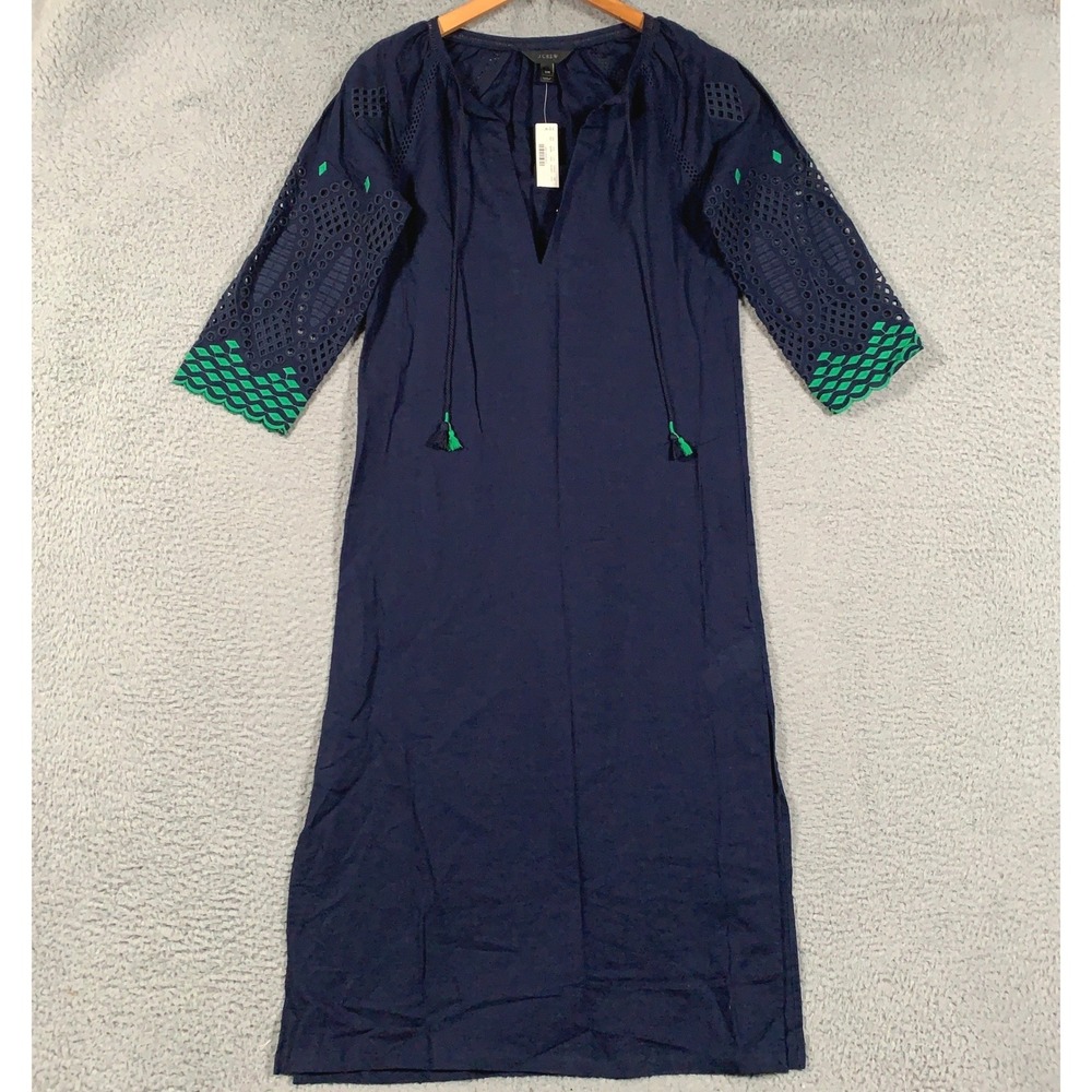 J.Crew Eyelet-Sleeve Linen-Cotton Dress Women's XXS Navy Blue Boho Embroidered